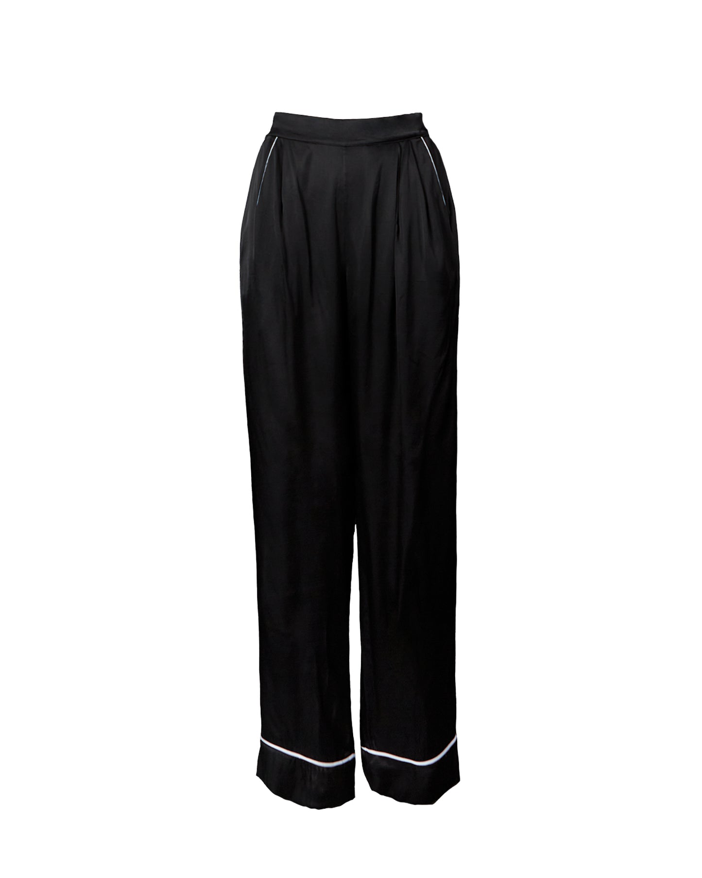 black silk lounge pants, black silk pants, black silk pyjama pants, black and white silk pants