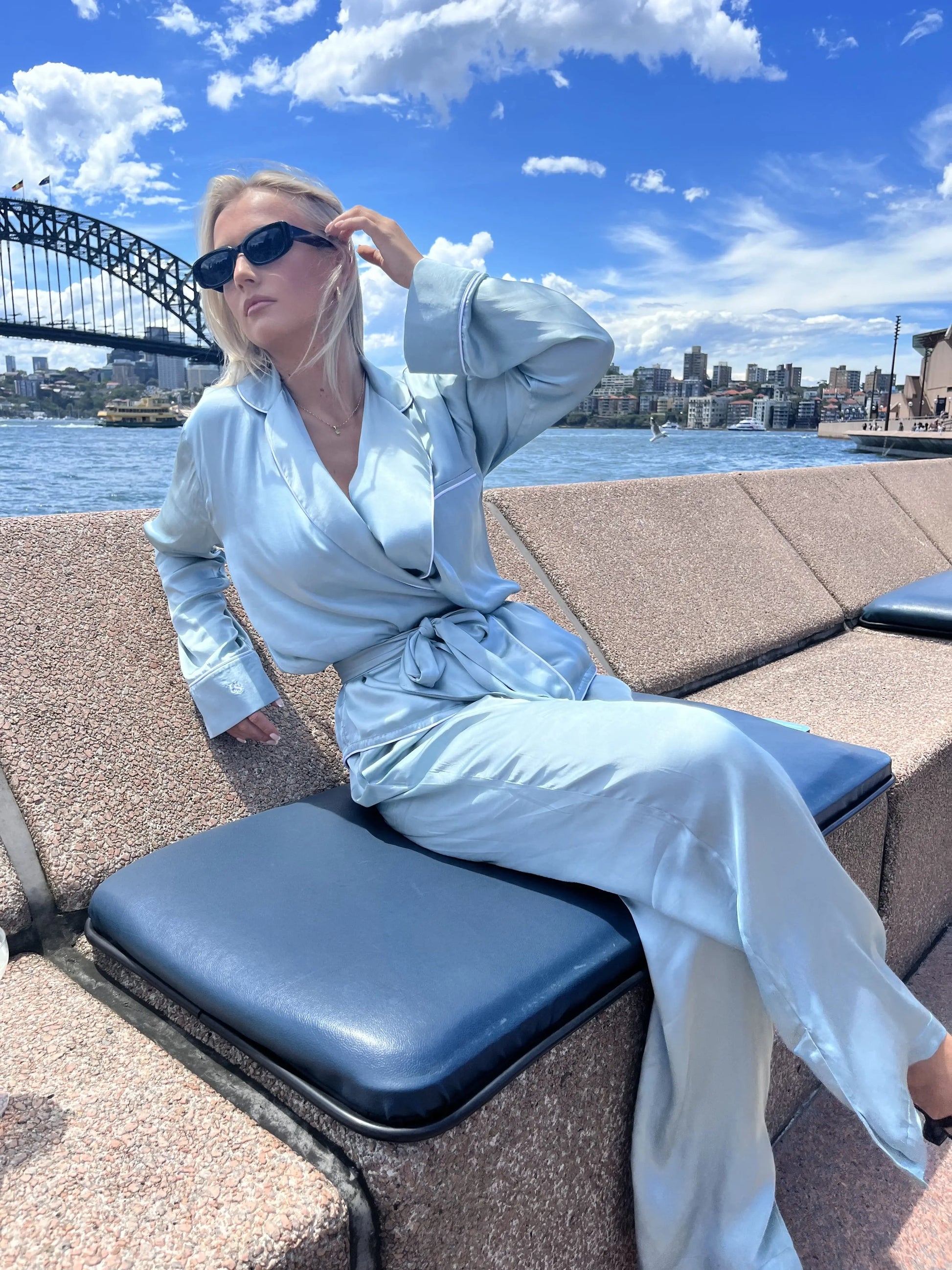 blue silk pyjama pants, blue silk casual pants, blue silk pants