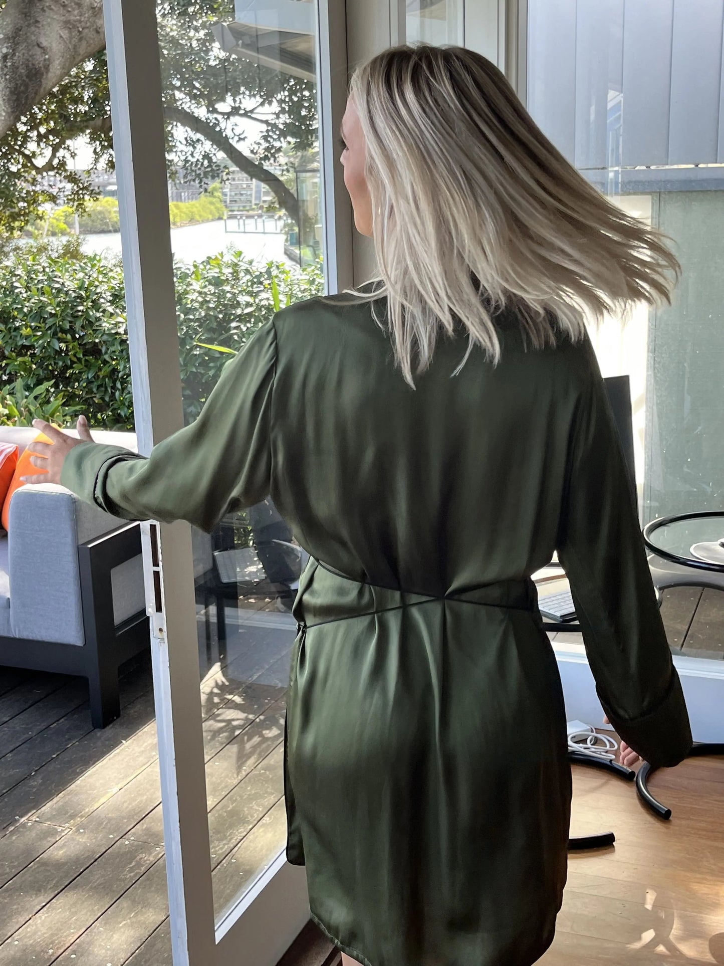 green silk wrap dress, green silk pyjamas, green silk casual dress, green silk dress