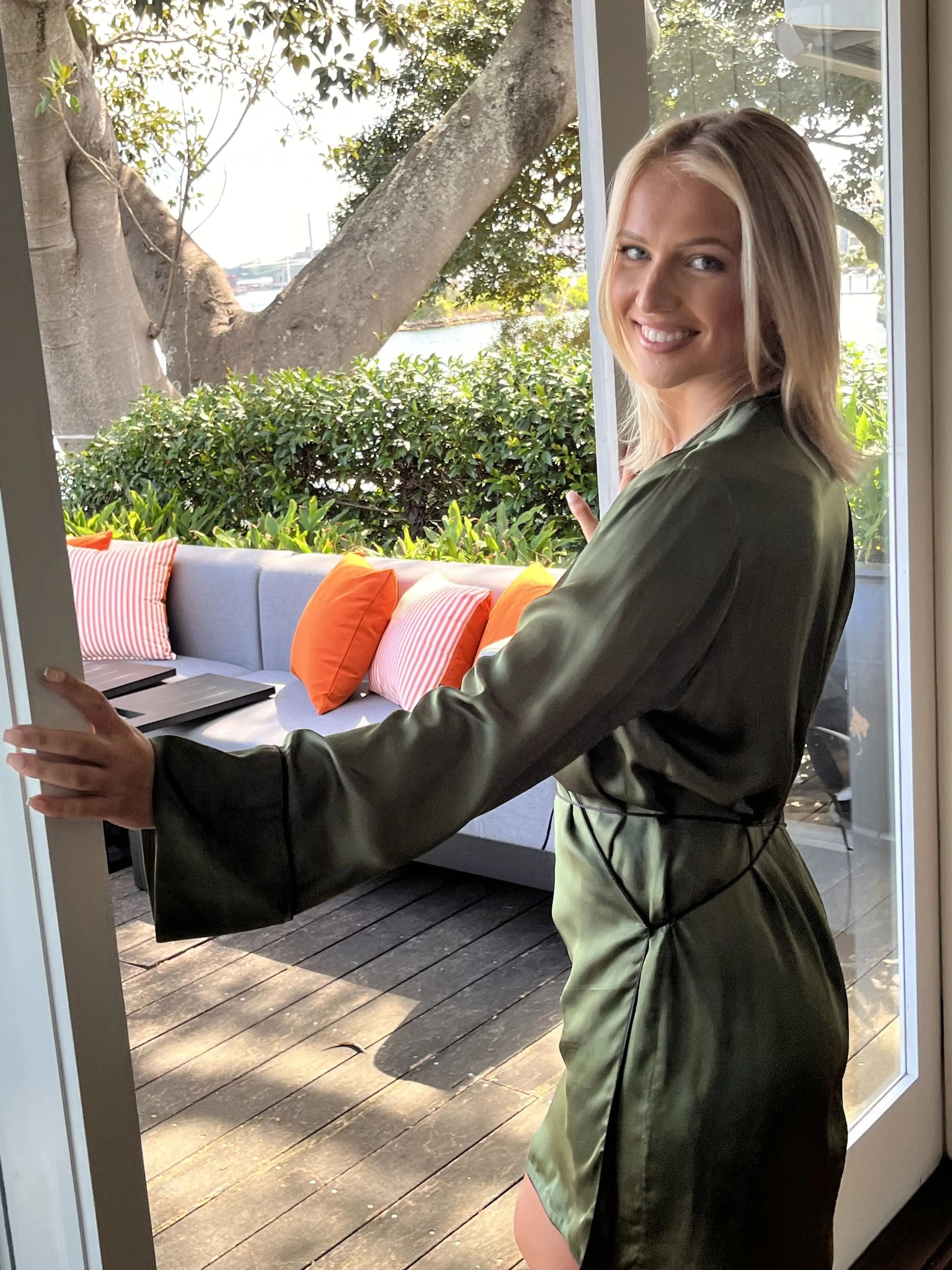 green silk wrap dress, green silk pyjamas, green silk casual dress, green silk dress