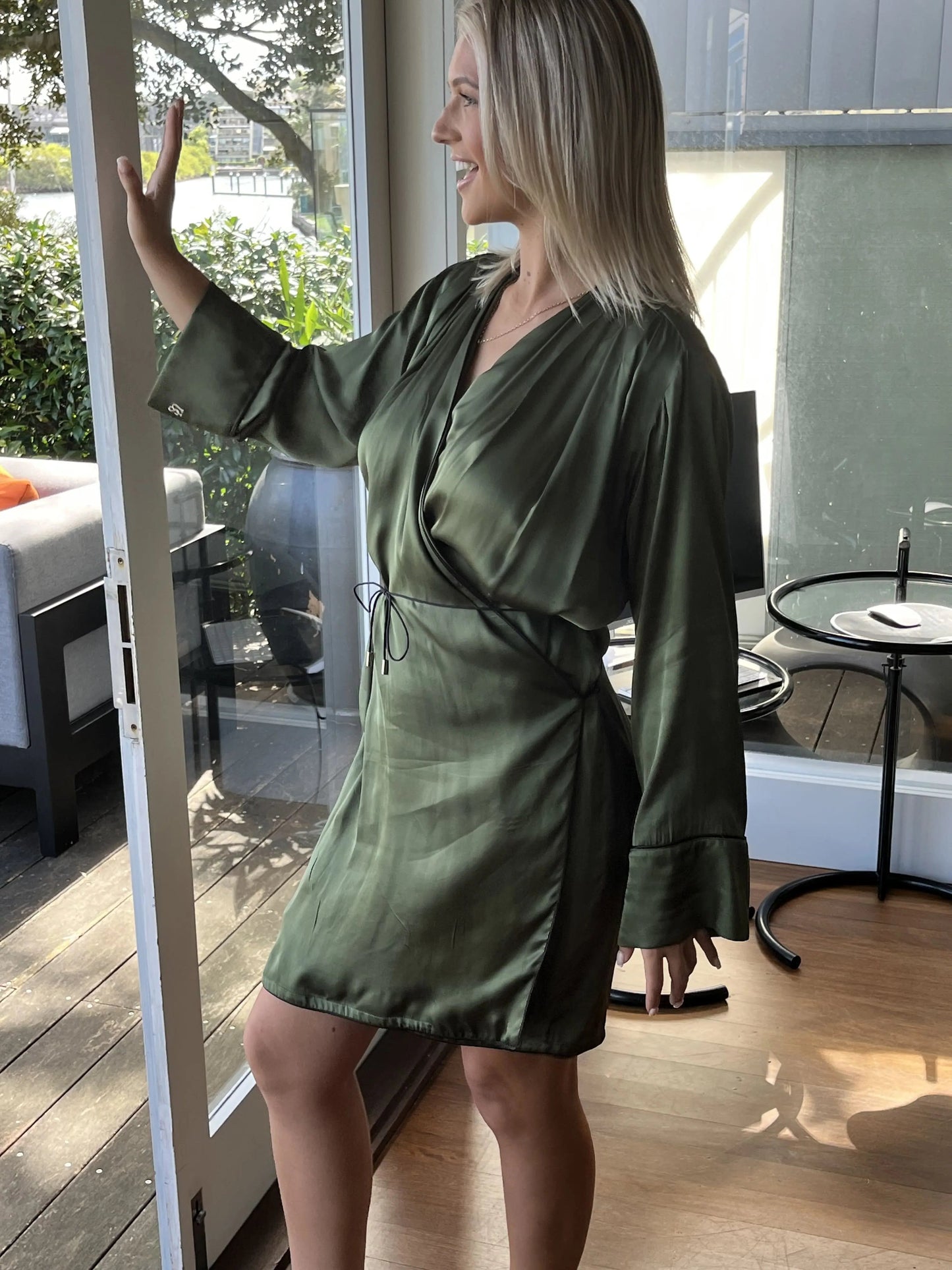 green silk wrap dress, green silk pyjamas, green silk casual dress, green silk dress